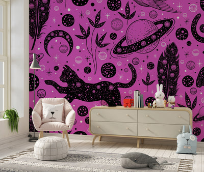 Halloween Style, Cats Wallpaper, Seamless Pattern Mural, Oversized Custom Size Wall Art, Non-Woven, Non-Adhesive, Modern Wall Paper, Removable