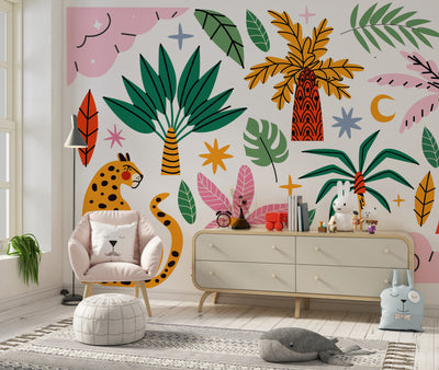 Exotic Tropical Wild Wallpaper, Cartoon Retro Style Mural, Oversized Custom Size Wall Art, Non-Woven, Non-Adhesive, Modern Wall Paper, Removable