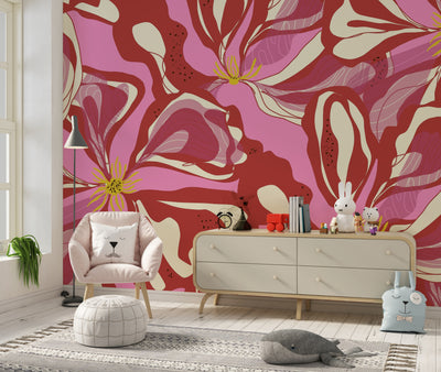 Abstract Red Flowers Wallpaper, Seamless Pattern Mural, Oversized Custom Size Wall Art, Non-Woven, Non-Adhesive, Modern Wall Paper, Removable