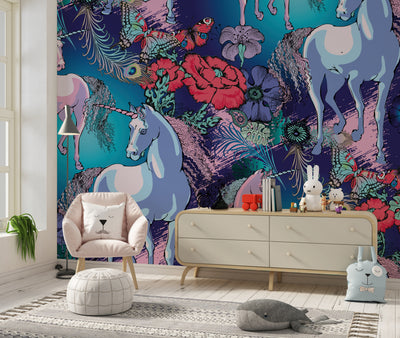 Magic Unicorns Wallpaper, Seamless Pattern Mural, Oversized Custom Size Wall Art, Non-Woven, Non-Adhesive, Modern Wall Paper, Removable