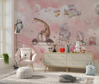 Cycling Animals with Balloons Wallpaper, Watercolor Mural, Oversized Custom Size Wall Art, Non-Woven, Non-Adhesive, Modern Wall Paper, Removable