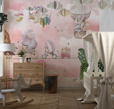 Cycling Animals with Balloons Wallpaper, Watercolor Mural, Oversized Custom Size Wall Art, Non-Woven, Non-Adhesive, Modern Wall Paper, Removable