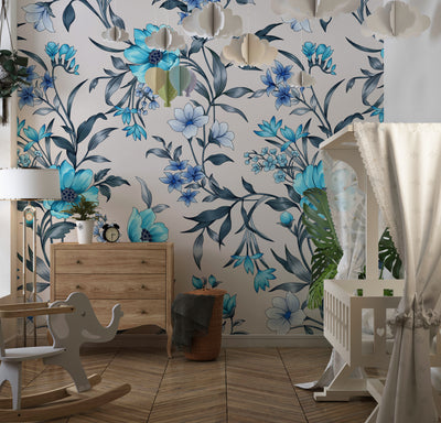Blue Floral Wallpaper, Seamless Pattern Mural, Oversized Custom Size Wall Art, Non-Woven, Non-Adhesive, Modern Wall Paper, Removable