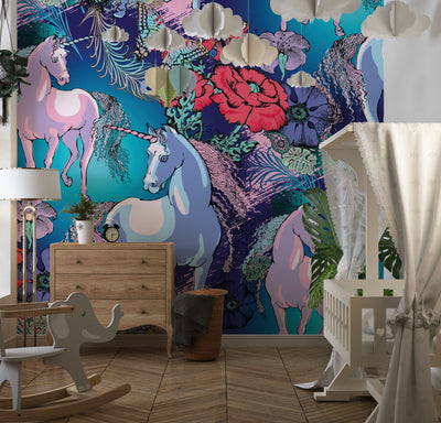 Magic Unicorns Wallpaper, Seamless Pattern Mural, Oversized Custom Size Wall Art, Non-Woven, Non-Adhesive, Modern Wall Paper, Removable