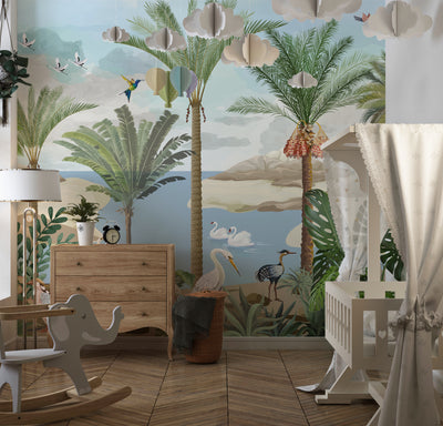 South Asian Subcontinent Wallpaper, Palm Trees, Birds Mural, Oversized Custom Size Wall Art, Non-Woven, Non-Adhesive, Modern Wall Paper, Removable