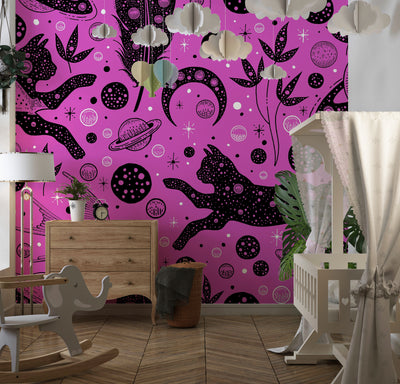 Halloween Style, Cats Wallpaper, Seamless Pattern Mural, Oversized Custom Size Wall Art, Non-Woven, Non-Adhesive, Modern Wall Paper, Removable