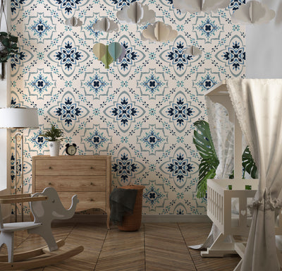 Talavera Wallpaper, Seamless Pattern Mural, Oversized Custom Size Wall Art, Non-Woven, Non-Adhesive, Modern Wall Paper, Removable