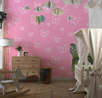 Butterflies, Pink Background Wallpaper, Seamless Pattern Mural, Oversized Custom Size Wall Art, Non-Woven, Non-Adhesive, Modern Wall Paper, Removable