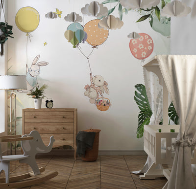 Bunnies Wallpaper, Fly Balloons Mural, Oversized Custom Size Wall Art, Non-Woven, Non-Adhesive, Modern Wall Paper, Removable
