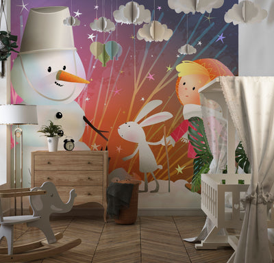 Children and Animals Wallpaper, Build a Snowman Mural, Oversized Custom Size Wall Art, Non-Woven, Non-Adhesive, Modern Wall Paper, Removable