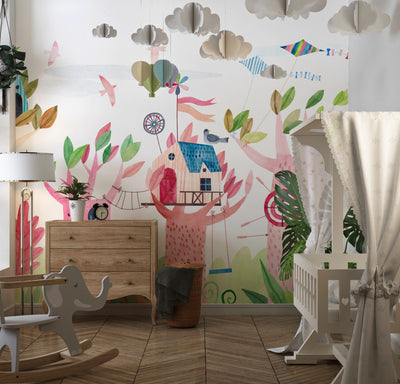 Cute Tree Houses Wallpaper, Playground Mural, Oversized Custom Size Wall Art, Non-Woven, Non-Adhesive, Modern Wall Paper, Removable