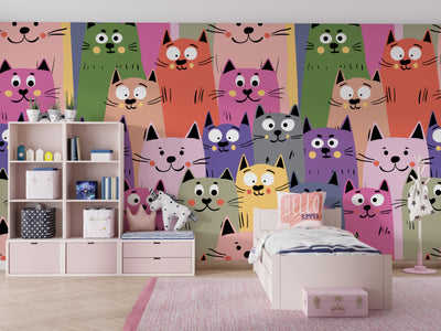 Colorful Cute Kitten Wallpaper, Seamless Pattern Mural, Oversized Custom Size Wall Art, Non-Woven, Non-Adhesive, Modern Wall Paper, Removable
