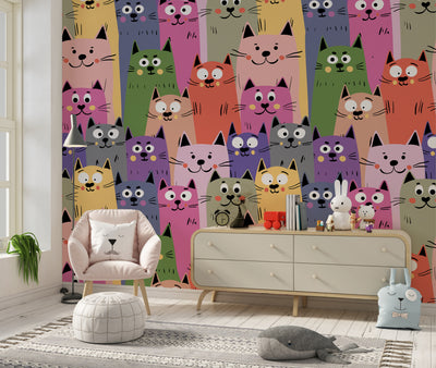 Colorful Cute Kitten Wallpaper, Seamless Pattern Mural, Oversized Custom Size Wall Art, Non-Woven, Non-Adhesive, Modern Wall Paper, Removable