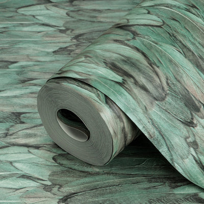 Green Feathers Pattern Embossed Wallpaper, Tropical 3D Textured Birds Vivid Wallcovering - Walloro High End Wallcoverings & More