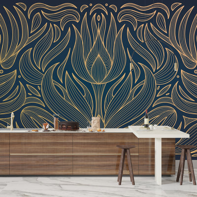 Art Deco Wallpaper, Wavy Flower Mural, Oversized Custom Size Wall Art, Non-Woven, Non-Adhesive, Modern Wall Paper, Removable