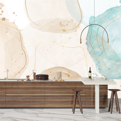 Watercolor Paint Splash Wallpaper, Golden Lines Mural, Oversized Custom Size Wall Art, Non-Woven, Non-Adhesive, Modern Wall Paper, Removable