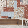 Floral Wallpaper, Brown and Blue Patchwork Mural, Oversized Custom Size Wall Art, Non-Woven, Non-Adhesive, Modern Wall Paper, Removable