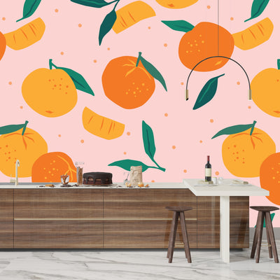 Mandarins Wallpaper, Seamless Pattern Mural, Oversized Custom Size Wall Art, Non-Woven, Non-Adhesive, Modern Wall Paper, Removable
