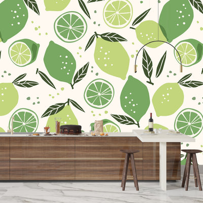 Lemons and Limes Wallpaper, Seamless Pattern Mural, Oversized Custom Size Wall Art, Non-Woven, Non-Adhesive, Modern Wall Paper, Removable