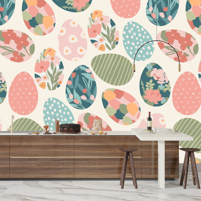 Easter Eggs with Abstract Flowers Wallpaper, Seamless Pattern Mural, Oversized Custom Size Wall Art, Non-Woven, Non-Adhesive, Modern Wall Paper, Removable