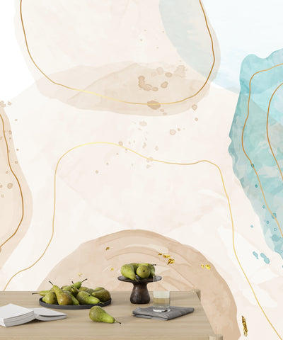 Watercolor Paint Splash Wallpaper, Golden Lines Mural, Oversized Custom Size Wall Art, Non-Woven, Non-Adhesive, Modern Wall Paper, Removable