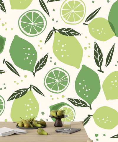 Lemons and Limes Wallpaper, Seamless Pattern Mural, Oversized Custom Size Wall Art, Non-Woven, Non-Adhesive, Modern Wall Paper, Removable
