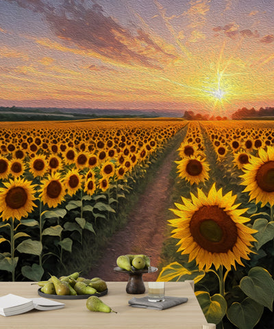 Panaroma Sunflowers, Sunset Wallpaper, Oil Painting Mural, Oversized Custom Size Wall Art, Non-Woven, Non-Adhesive, Modern Wall Paper, Removable