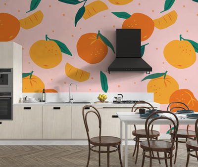 Mandarins Wallpaper, Seamless Pattern Mural, Oversized Custom Size Wall Art, Non-Woven, Non-Adhesive, Modern Wall Paper, Removable
