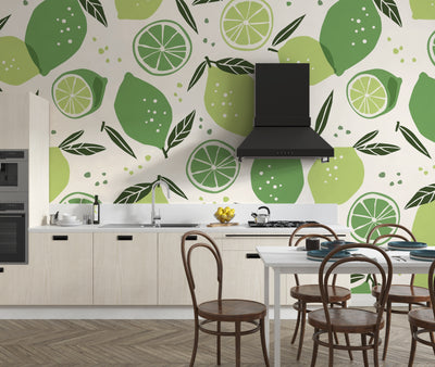 Lemons and Limes Wallpaper, Seamless Pattern Mural, Oversized Custom Size Wall Art, Non-Woven, Non-Adhesive, Modern Wall Paper, Removable