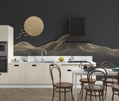 Abstract Gold Landscape Wallpaper, Mountain and Birds, Black Background Mural, Oversized Custom Size Wall Art, Non-Woven, Non-Adhesive, Modern Wall Paper, Removable