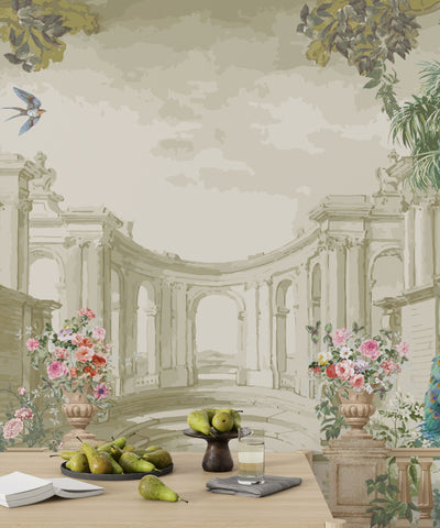 Roman Garden Wallpaper, Peacock Mural, Oversized Custom Size Wall Art, Non-Woven, Non-Adhesive, Modern Wall Paper, Removable