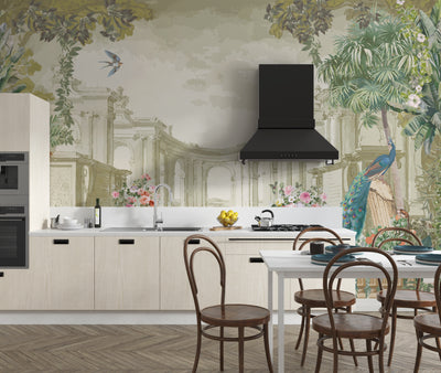 Roman Garden Wallpaper, Peacock Mural, Oversized Custom Size Wall Art, Non-Woven, Non-Adhesive, Modern Wall Paper, Removable