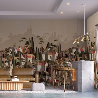 Landscape Wall Mural Houses Cityscape Stylish Wallpaper, Light Beige Oversized Custom Size Wall Covering, Non-Woven, Non-Adhesive, Modern Large Art - Walloro High End Wallcoverings & More