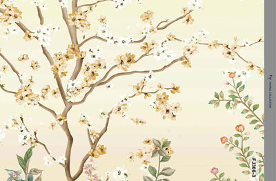 Large Chinoiserie Blossom Floral Wallpaper, Yellow Ombre Flowers Birds Wall Mural, Custom Size Wall Covering, Non-Woven, Non-Pasted, Removable - Walloro High End Wallcoverings & More