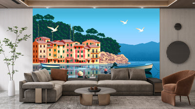 Summer day in Village Wallpaper, Boats, Sea Mural, Oversized Custom Size Wall Art, Non-Woven, Non-Adhesive, Modern Wall Paper, Removable