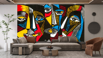 Modern Surreal Wallpaper, Linocut Style Mural, Oversized Custom Size Wall Art, Non-Woven, Non-Adhesive, Modern Wall Paper, Removable