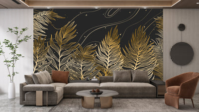 Golden Exotic Palm Leaves Wallpaper, Seamless Pattern Mural, Oversized Custom Size Wall Art, Non-Woven, Non-Adhesive, Modern Wall Paper, Removable