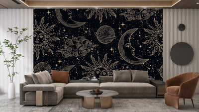 Magical Elements Wallpaper, Seamless Pattern Mural, Oversized Custom Size Wall Art, Non-Woven, Non-Adhesive, Modern Wall Paper, Removable