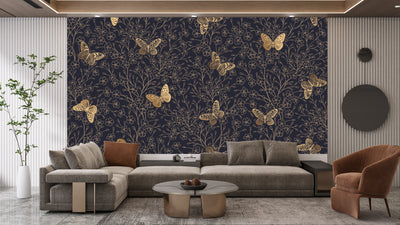 Gold Butterflies and Flowers Wallpaper, Black Background Mural, Oversized Custom Size Wall Art, Non-Woven, Non-Adhesive, Modern Wall Paper, Removable