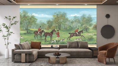 Men Ride Horses on the Field, Dogs Wallpaper, Composition Mural, Oversized Custom Size Wall Art, Non-Woven, Non-Adhesive, Modern Wall Paper, Removable