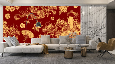 Golden Chinese Dragons and Woman Wallpaper, Seamless Pattern Mural, Oversized Custom Size Wall Art, Non-Woven, Non-Adhesive, Modern Wall Paper, Removable
