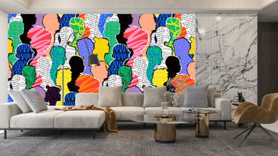 Colorful Diversed People Crowd Wallpaper, Seamless Pattern Mural, Oversized Custom Size Wall Art, Non-Woven, Non-Adhesive, Modern Wall Paper, Removable