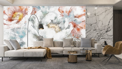 Watercolor Flowers Wallpaper, Hand-Painted Background Mural, Oversized Custom Size Wall Art, Non-Woven, Non-Adhesive, Modern Wall Paper, Removable