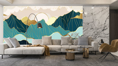 Gold Line Mountains Wallpaper, Landscape Mural, Oversized Custom Size Wall Art, Non-Woven, Non-Adhesive, Modern Wall Paper, Removable