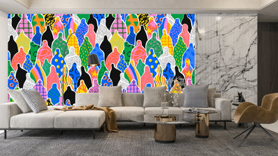 Colorful Diverse People Crowd Wallpaper, Seamless Pattern Mural, Oversized Custom Size Wall Art, Non-Woven, Non-Adhesive, Modern Wall Paper, Removable