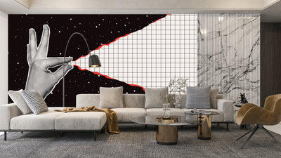 Hand Pulls a Sheet of Checkered Paper Wallpaper, Outer Space Background Mural, Oversized Custom Size Wall Art, Non-Woven, Non-Adhesive, Modern Wall Paper, Removable