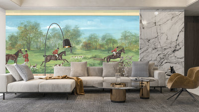 Men Ride Horses on the Field, Dogs Wallpaper, Composition Mural, Oversized Custom Size Wall Art, Non-Woven, Non-Adhesive, Modern Wall Paper, Removable