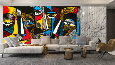 Modern Surreal Wallpaper, Linocut Style Mural, Oversized Custom Size Wall Art, Non-Woven, Non-Adhesive, Modern Wall Paper, Removable