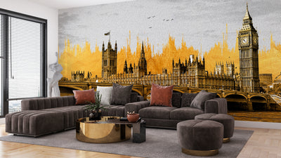 Golden View of Big Ben Wallpaper, Westminster Bridge Mural, Oversized Custom Size Wall Art, Non-Woven, Non-Adhesive, Modern Wall Paper, Removable