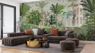 Palm Trees Tropical Wallpaper, Mughal Garden Wall Mural, Oversized Custom Size Wall Art, Non-Woven, Non-Adhesive, Modern Wall Paper, Removable